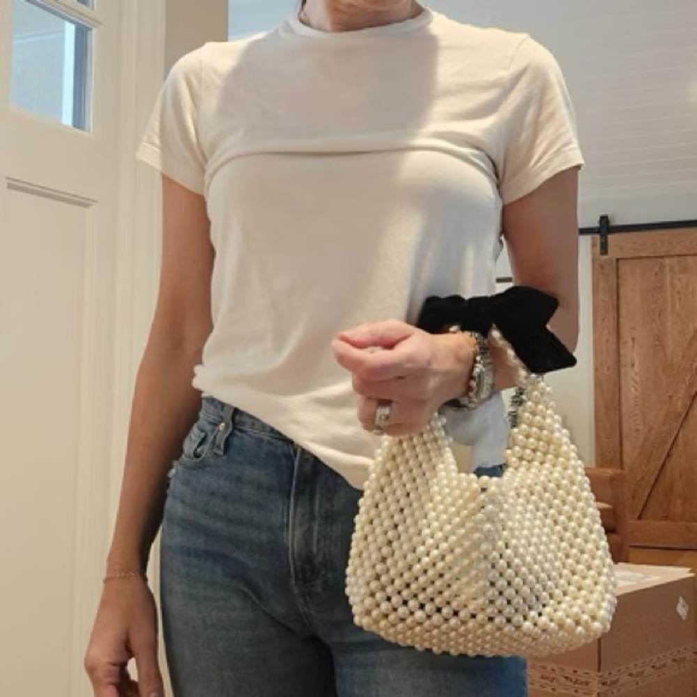 Pearl Beaded Handbag with Black Bow